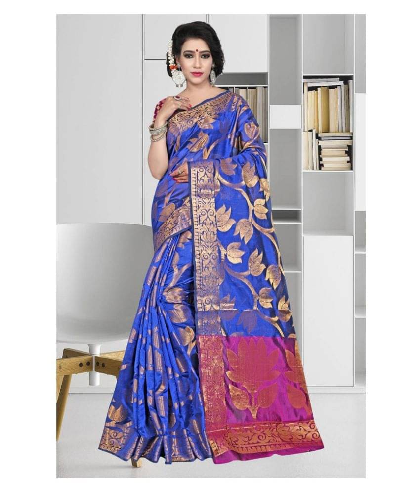     			Gazal Fashions Banarasi Silk Printed Saree With Unstitched Blouse Piece ( Blue )