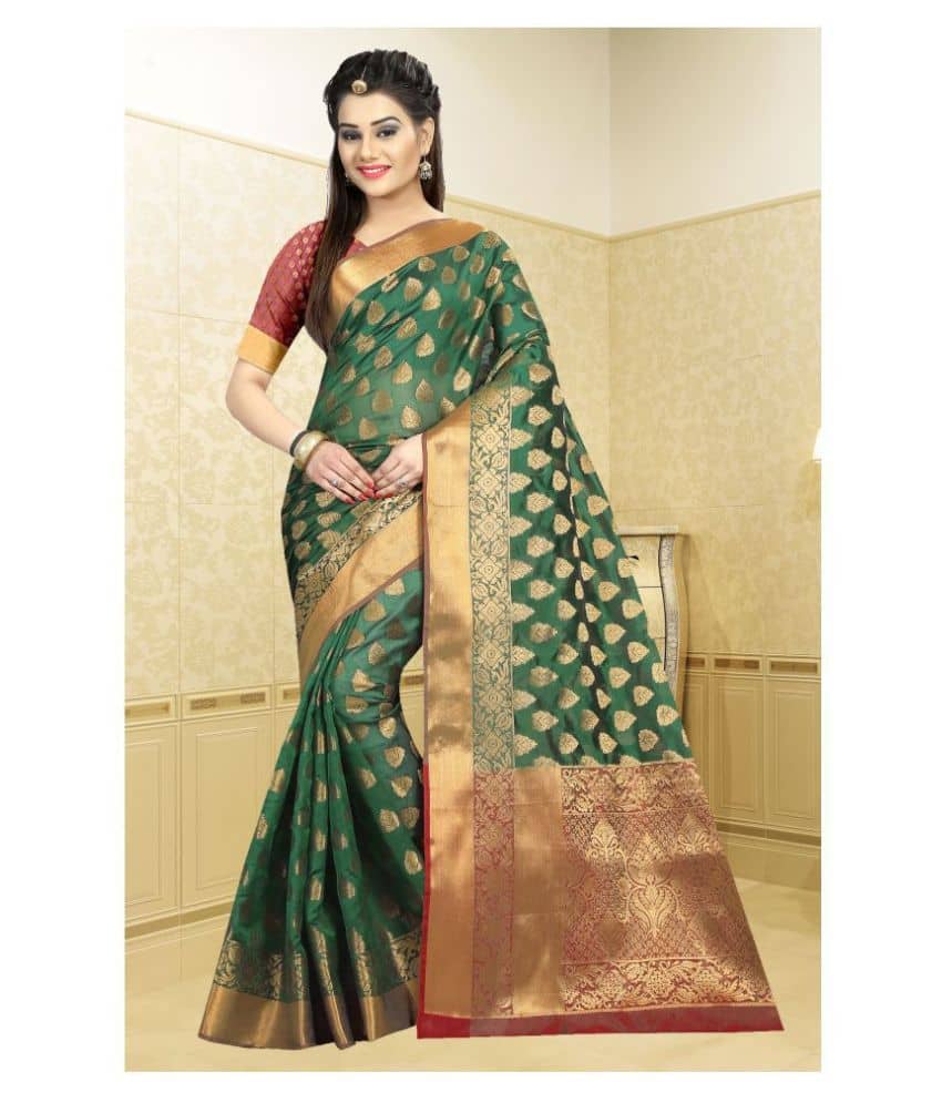 Gazal Fashions Banarasi Silk Printed Saree With Unstitched Blouse Piece ( Green ) - Sarees | Buy online on ZillyBuy