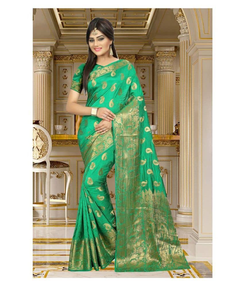 Gazal Fashions Banarasi Silk Printed Saree With Unstitched Blouse Piece ( Green ) - Sarees | Buy online on ZillyBuy