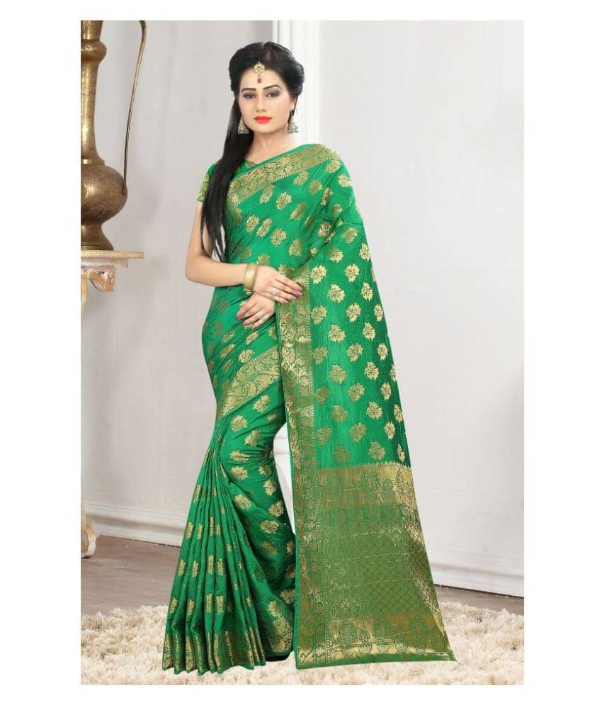     			Gazal Fashions Banarasi Silk Printed Saree With Unstitched Blouse Piece ( Green )