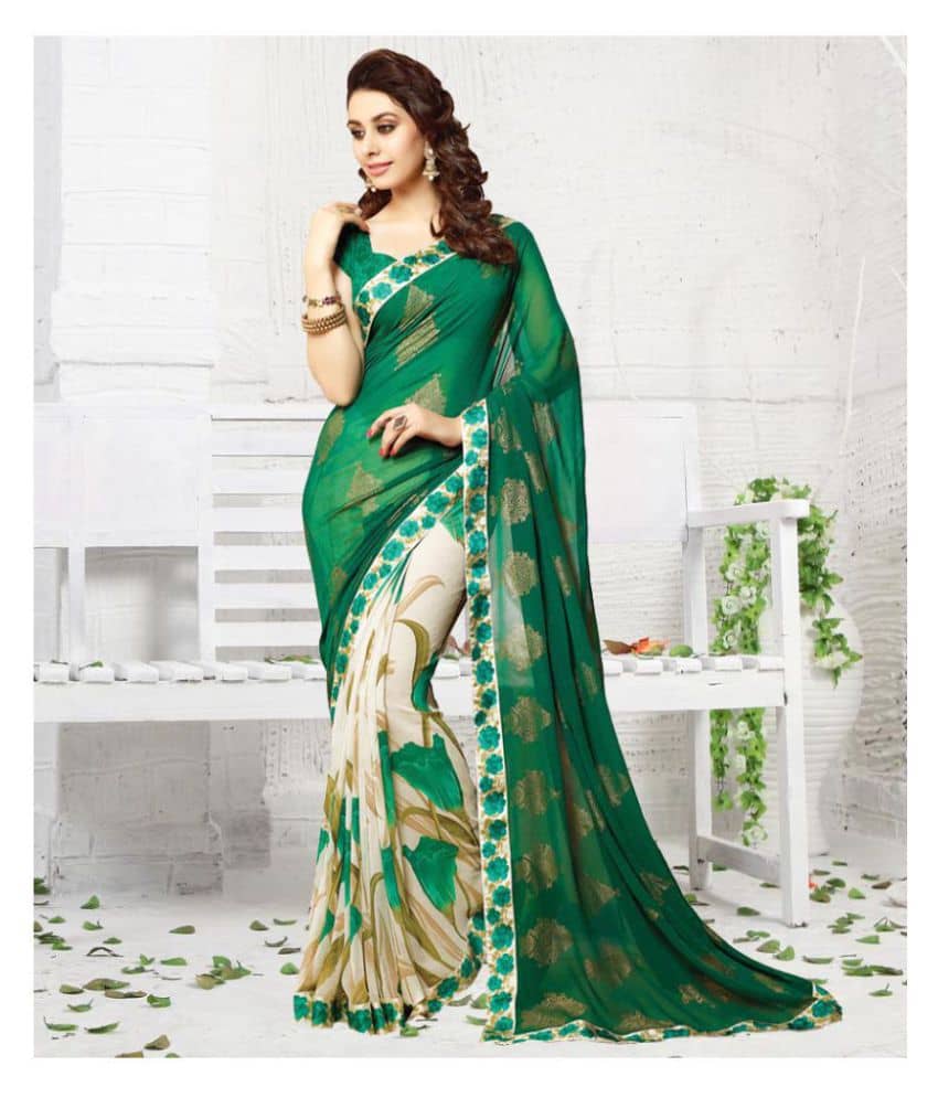 Gazal Fashions Georgette Printed Saree With Unstitched Blouse Piece ( Green,Beige ) - Sarees | Buy online on ZillyBuy