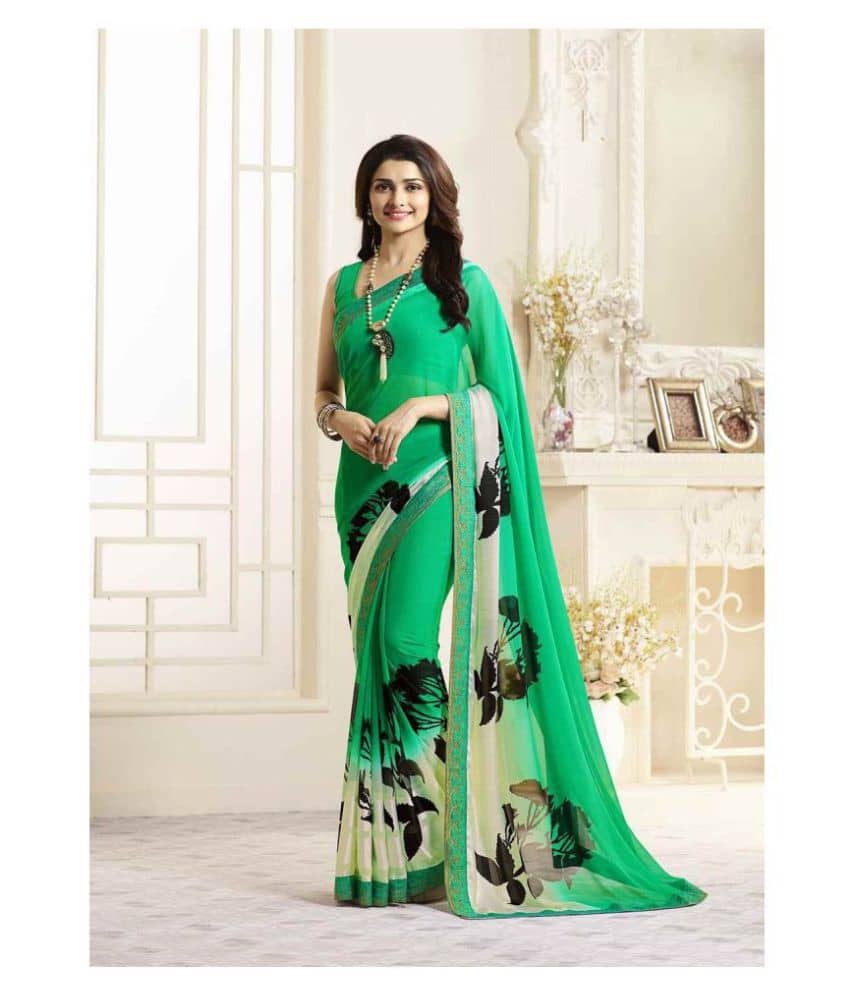Gazal Fashions Silk Blend Printed Saree With Unstitched Blouse Piece ( Green ) - Sarees | Buy online on ZillyBuy
