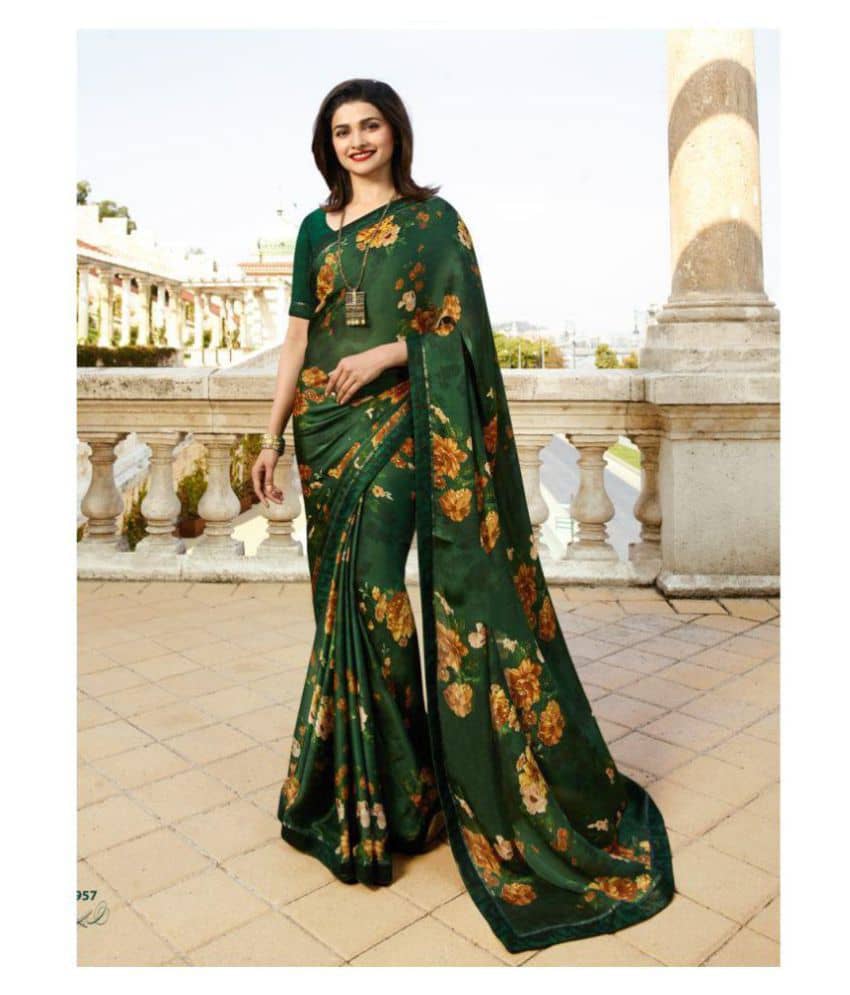Gazal Fashions Georgette Printed Saree With Unstitched Blouse Piece ( Green ) - Sarees | Buy online on ZillyBuy