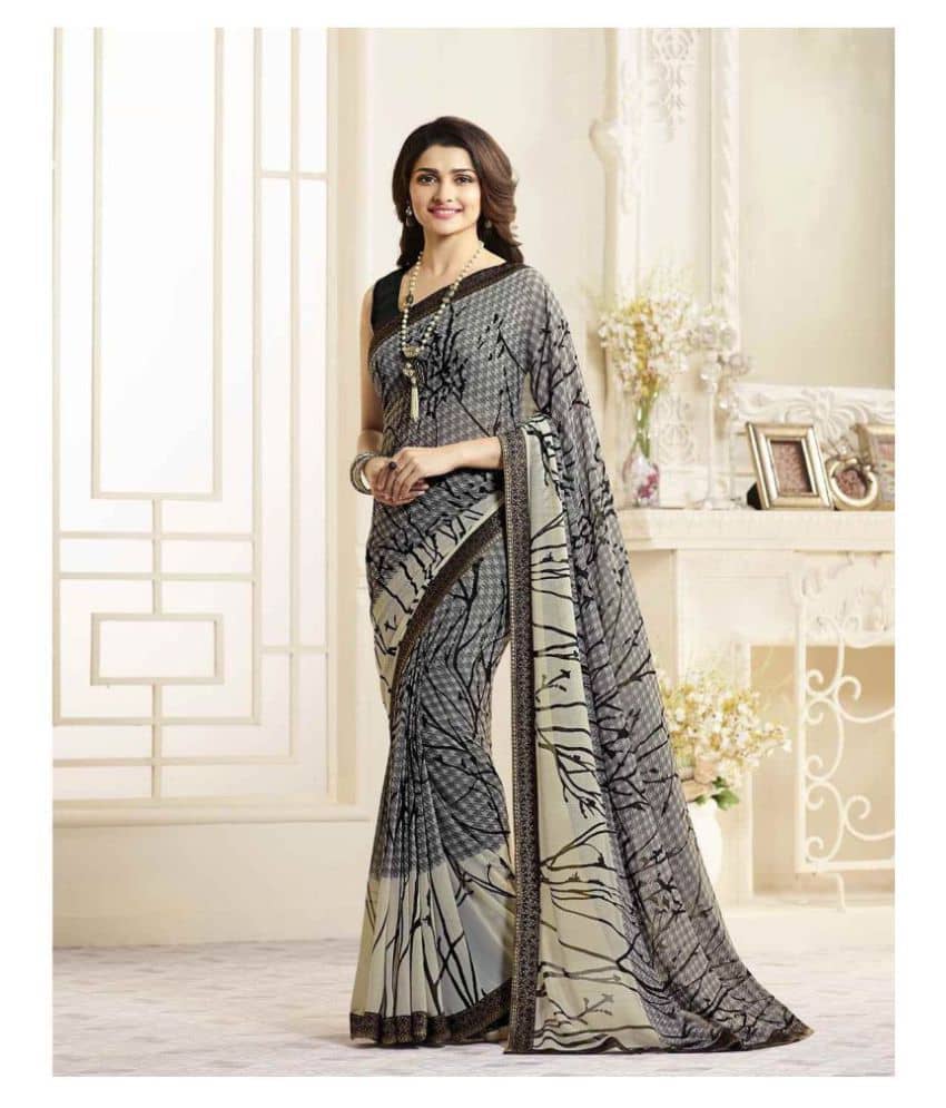 Gazal Fashions Chiffon Printed Saree With Unstitched Blouse Piece ( Light Grey ) - Sarees | Buy online on ZillyBuy