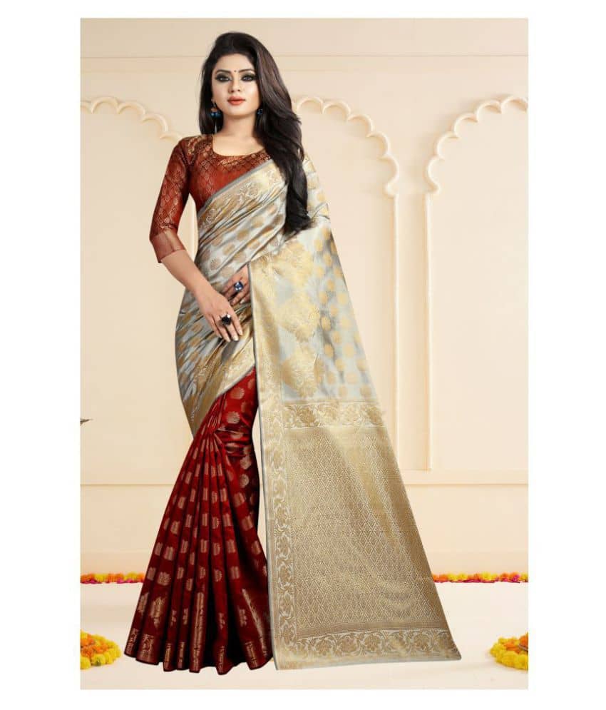 Gazal Fashions Banarasi Silk Printed Saree With Unstitched Blouse Piece ( Multicolor ) - Sarees | Buy online on ZillyBuy