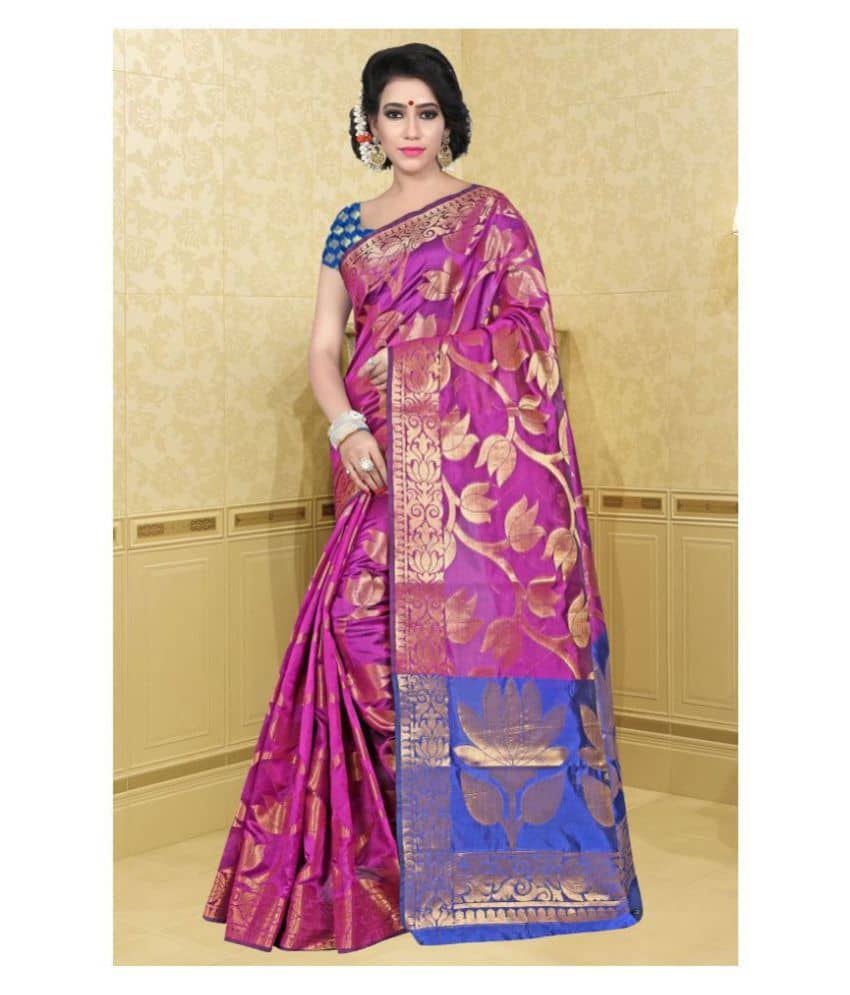 Gazal Fashions Banarasi Silk Self Design Saree With Unstitched Blouse Piece ( Pink ) - Sarees | Buy online on ZillyBuy