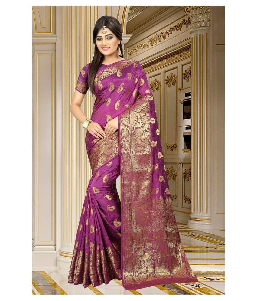 Gazal Fashions Banarasi Silk Printed Saree With Unstitched Blouse Piece ( Purple ) - Sarees | Buy online on ZillyBuy