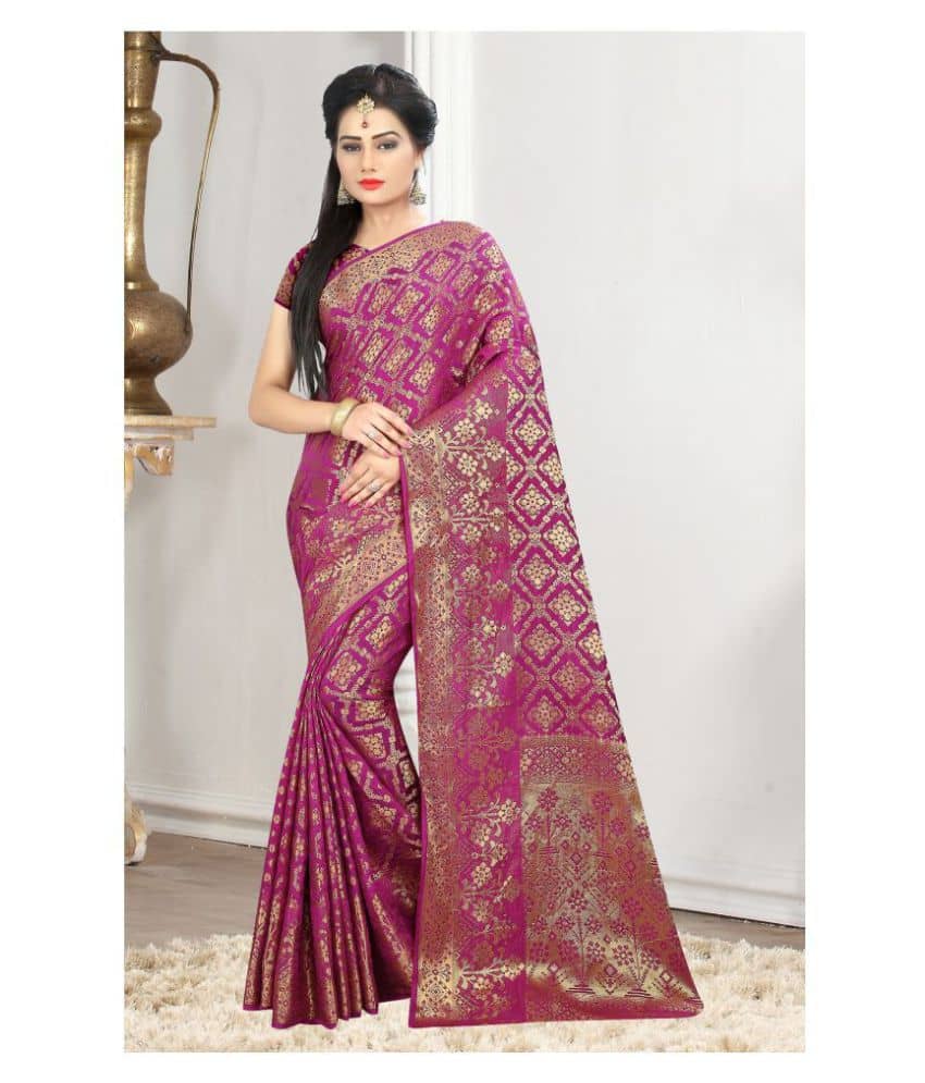 Gazal Fashions Banarasi Silk Self Design Saree With Unstitched Blouse Piece ( Pink ) - Sarees | Buy online on ZillyBuy