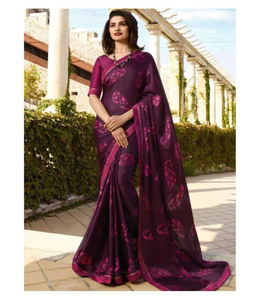    			Gazal Fashions Chiffon Printed Saree With Unstitched Blouse Piece ( Purple )