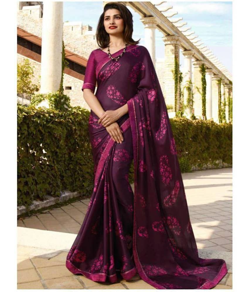 Gazal Fashions Chiffon Printed Saree With Unstitched Blouse Piece ( Purple ) - Sarees | Buy online on ZillyBuy