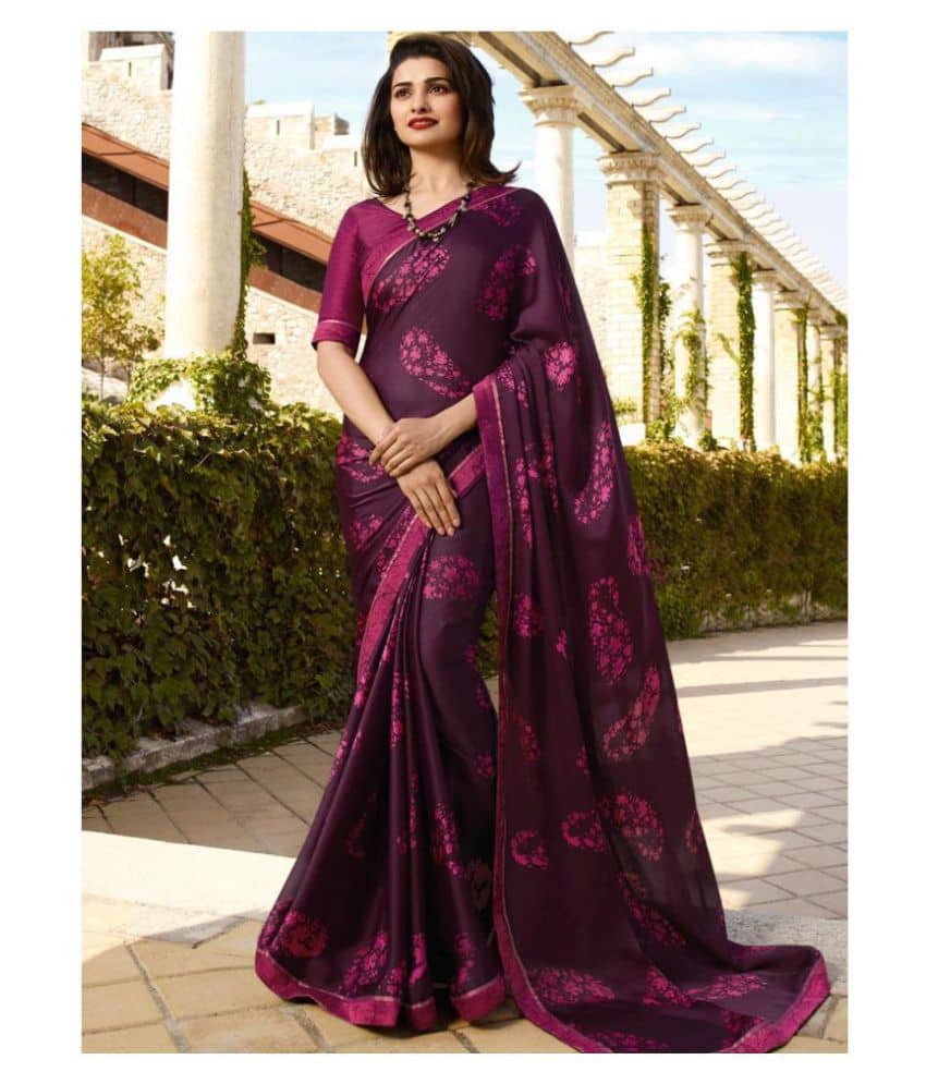 Gazal Fashions Georgette Printed Saree With Unstitched Blouse Piece ( Purple ) - Sarees | Buy online on ZillyBuy