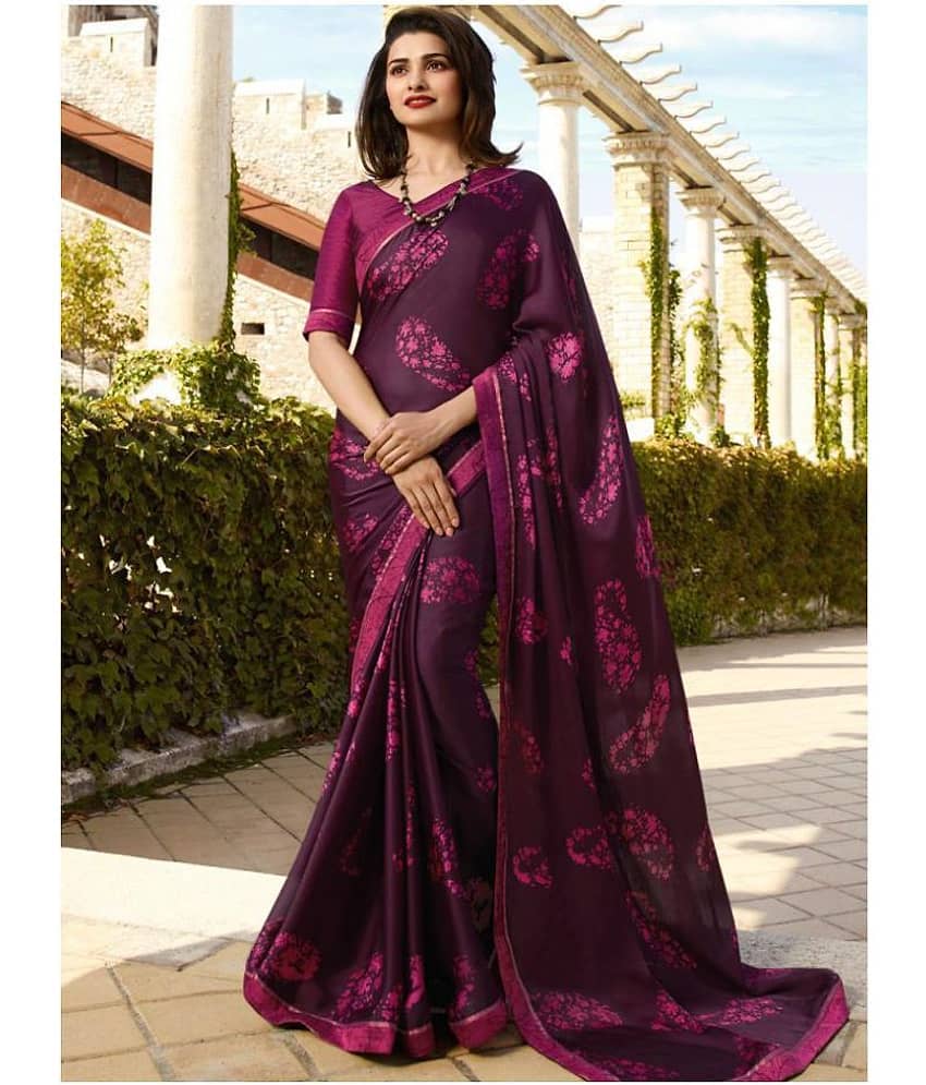 Gazal Fashions Georgette Printed Saree With Unstitched Blouse Piece ( Purple ) - Sarees | Buy online on ZillyBuy