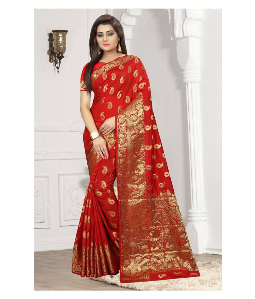 Gazal Fashions Silk Embroidered Saree With Unstitched Blouse Piece ( Red ) - Sarees | Buy online on ZillyBuy