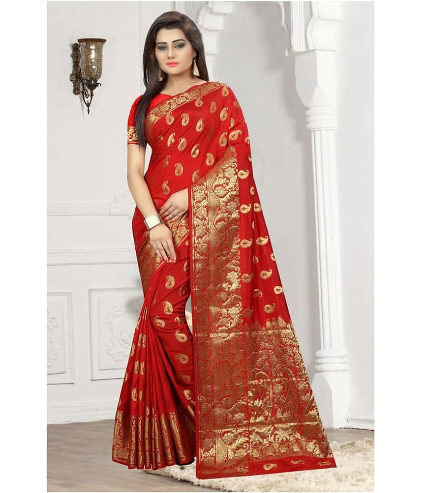 Gazal Fashions Silk Embroidered Saree With Unstitched Blouse Piece ( Red ) - Sarees | Buy online on ZillyBuy