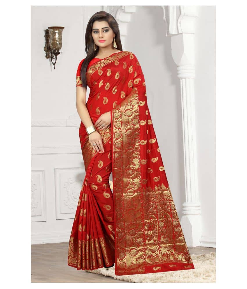 Gazal Fashions Banarasi Silk Printed Saree With Unstitched Blouse Piece ( Red ) - Sarees | Buy online on ZillyBuy