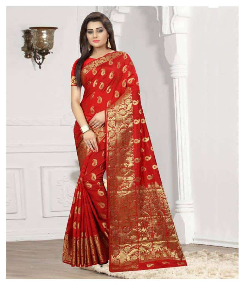 Gazal Fashions Silk Blend Printed Saree With Unstitched Blouse Piece ( Red ) - Sarees | Buy online on ZillyBuy