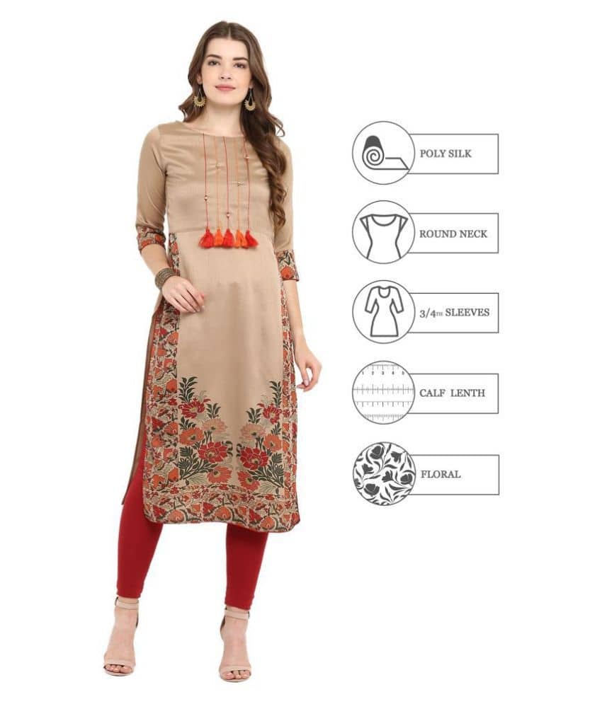 Janasya - Beige Silk Women's Straight Kurti ( Pack of 1 ) - Kurtis, Tunics | Buy online on ZillyBuy