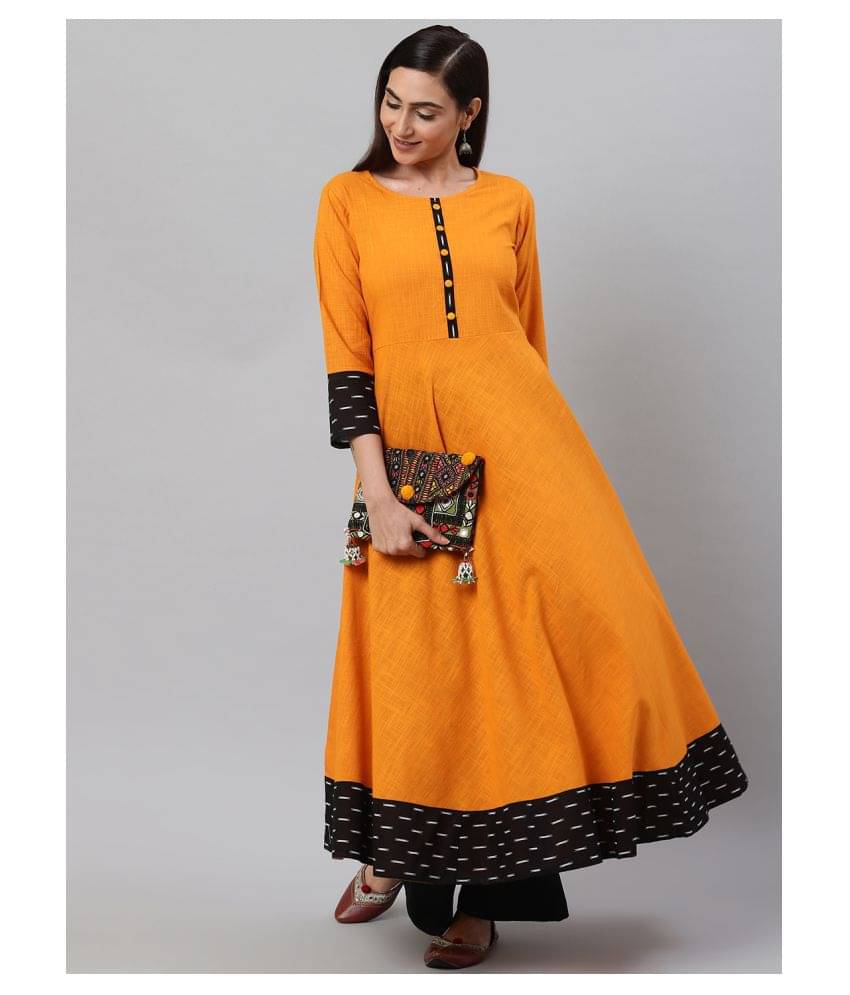 Yash Gallery Pack of 1 Cotton Printed Flared Women's Kurti - ( Yellow ) Yash Gallery Pack of 1 Cotton Printed Flared Women's Kurti - ( Yellow )