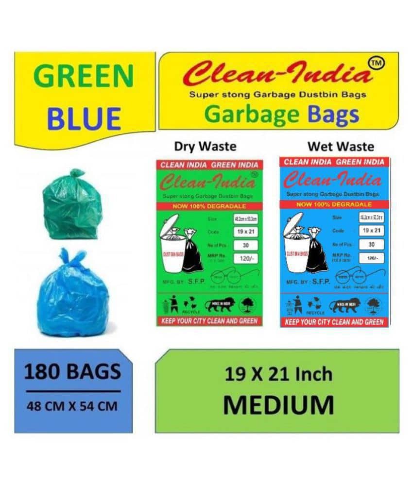 Clean India C-I - 6 Packs Medium Disposable Garbage Bags for Wet and Dry Waste (90 Pcs Blue and 90 pcs Green) -3 Packs Each