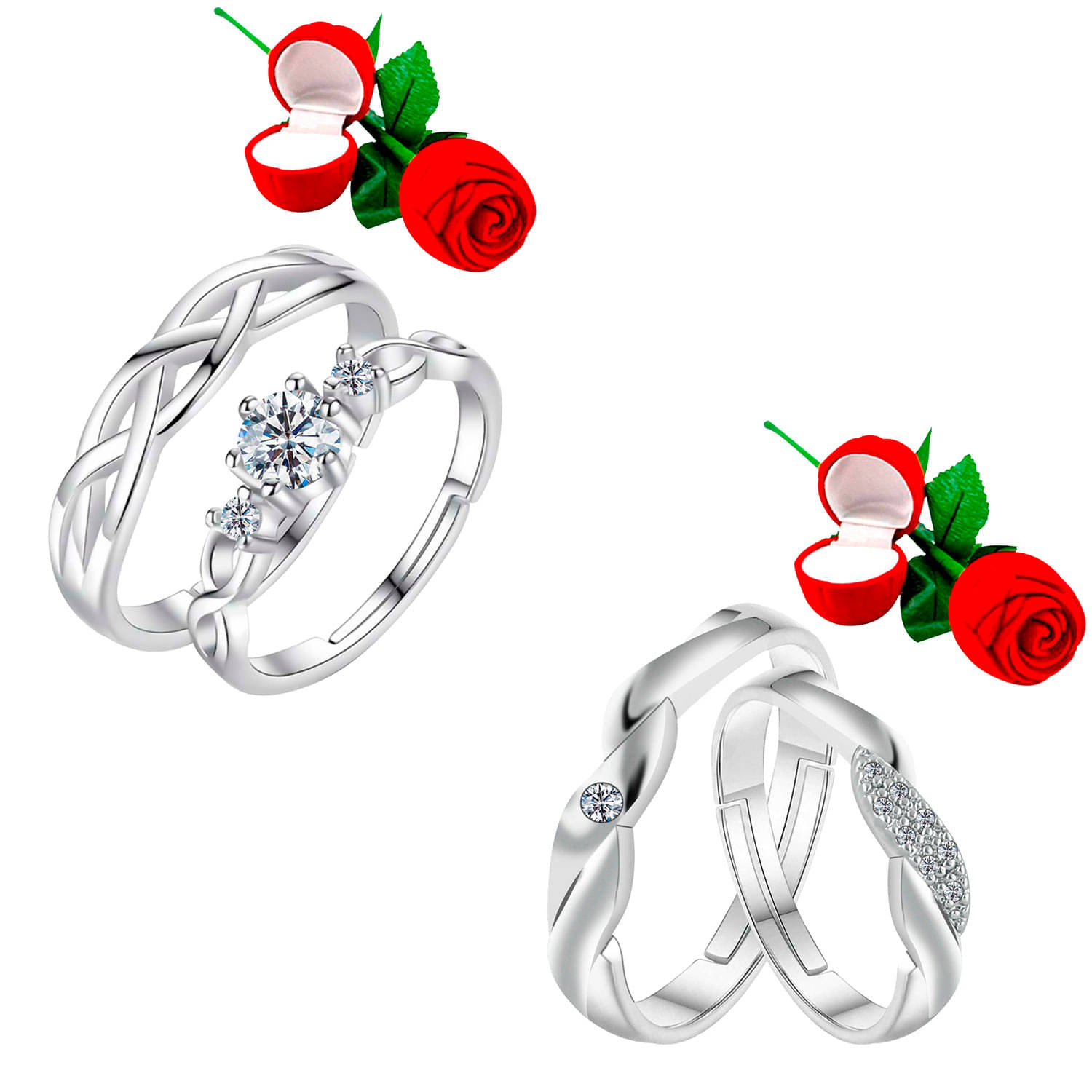 Silver Shine Adjustable Party Wear 2 Pair of Couple Rings Set With 2 Piece Red Rose Gift Box for lovers Silver Shine Adjustable Party Wear 2 Pair of Couple Rings Set With 2 Piece Red Rose Gift Box for lovers