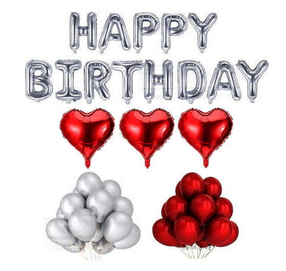 Blooms 49 pcs surprise Combo  Happy Birthday Letter foil balloons +  heart shape Foil Balloons + Metallic Balloons     			Blooms 49 pcs surprise Combo  Happy Birthday Letter foil balloons +  heart shape Foil Balloons + Metallic Balloons