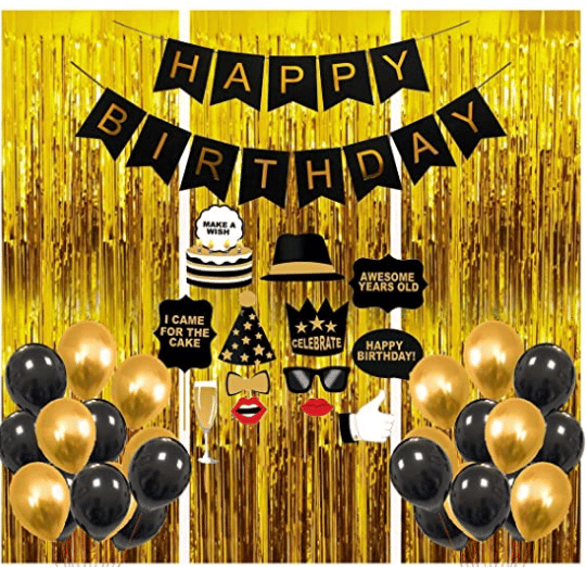     			Blooms Interesting 65 pcs  Birthday Combo Happy Birthday Banner + Golden Fringe Curtain + Selfie props + Black,gold Metallic Balloon