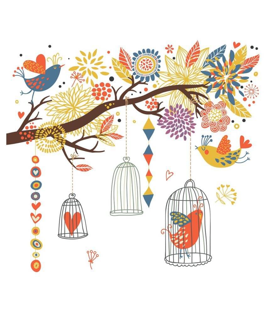     			Wallzone Colorfull Birds Cages Sticker ( 70 x 80 cms )