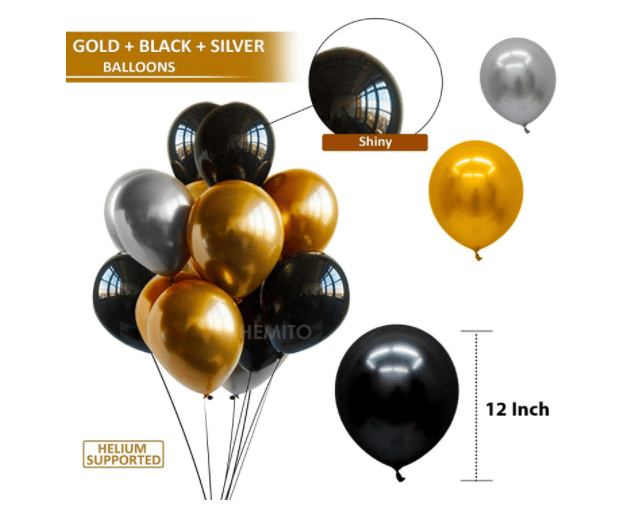     			Blooms Vibrant Colous Combo Pack of 60 Balloons - Black, Silver & Golden Balloons Combo
