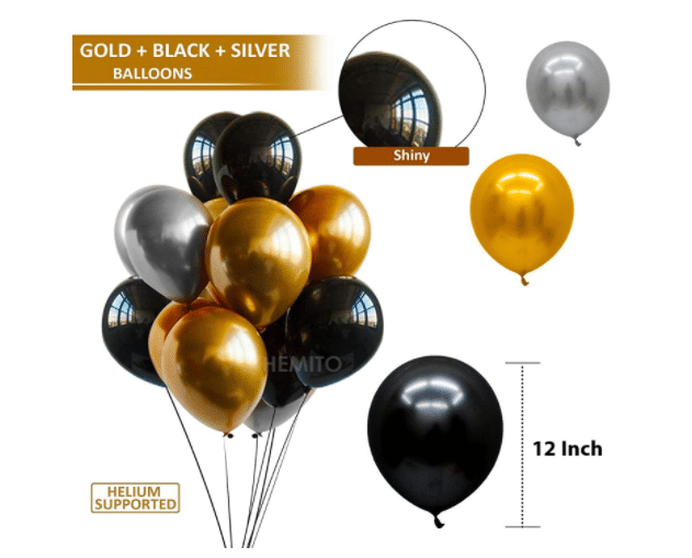     			Blooms Mall  Vibrant Colous Combo Pack of 100 Balloons - Black, Silver & Golden Balloons Combo