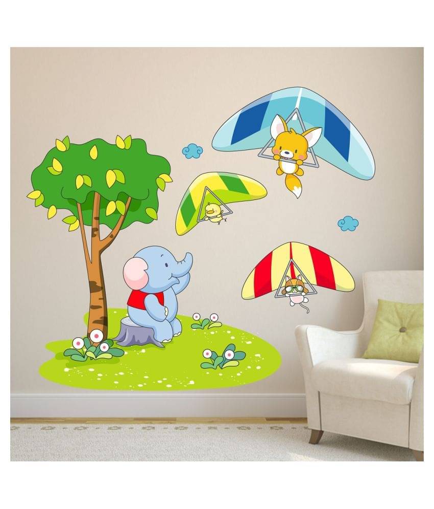     			Wallzone Elephant and Birds Sticker ( 70 x 75 cms )