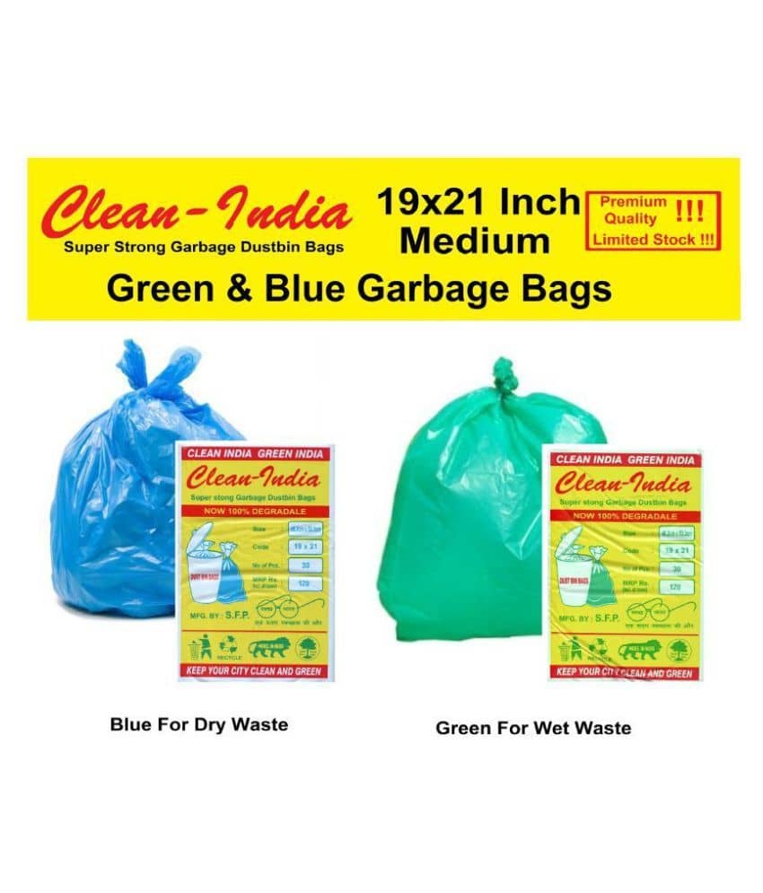C-I Green And Blue Garbage Bags - 2 packs (60 Pcs) - 1 packs of 30 Pcs (Green for wet waste) + 1 packs of 30 Pcs (Blue for dry waste) - 60 pcs - 19X21 Green and Blue Medium Disposable Garbage Trash Waste Dustbin Kitchen Bags & Covers