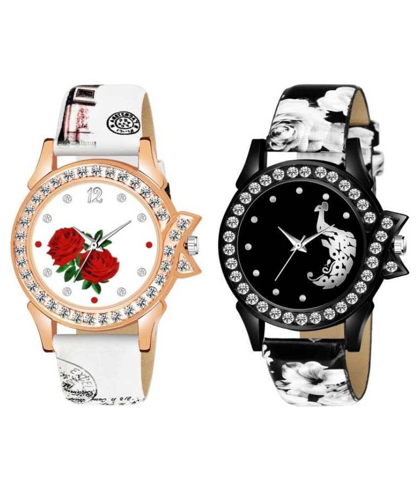     			Set of 2 Multi Color Designer Dial With Slim Leather Strap Diamond Studded  Fashion Watch For Woman