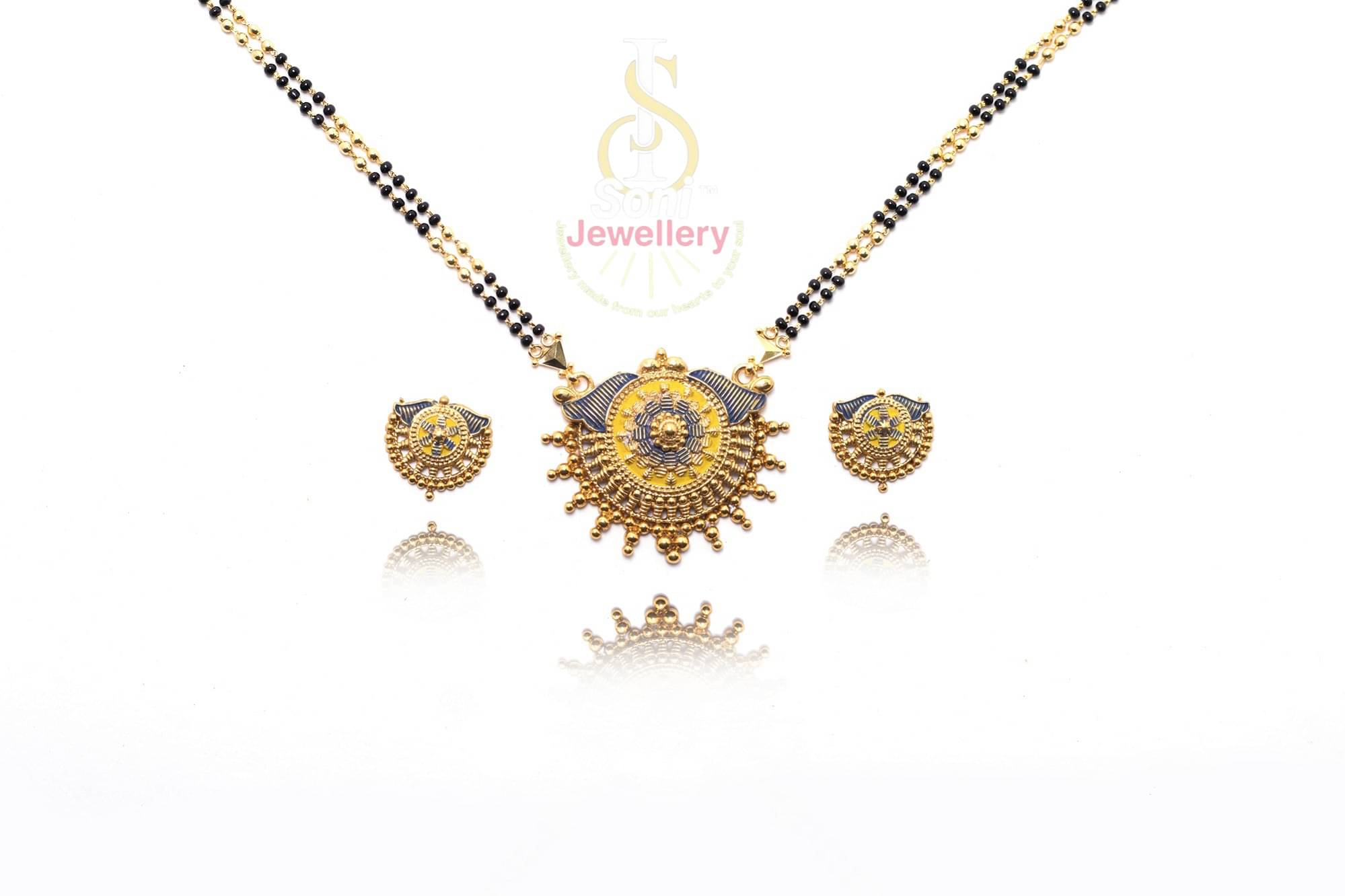     			SONIJEWELLERY Traditional Ethnic One Gram Gold Plated 24 Inch Long Black Beads Latest Stylish Designer Pendant Golden Mangalsutra With Earring for Women