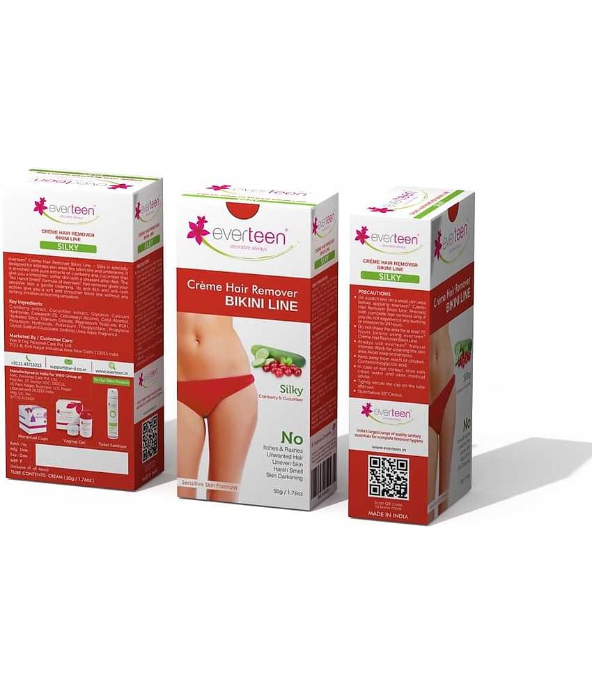 everteen SILKY Bikini Line Hair Remover Creme with Cranberry and Cucumber - 2 Packs (50g Each)