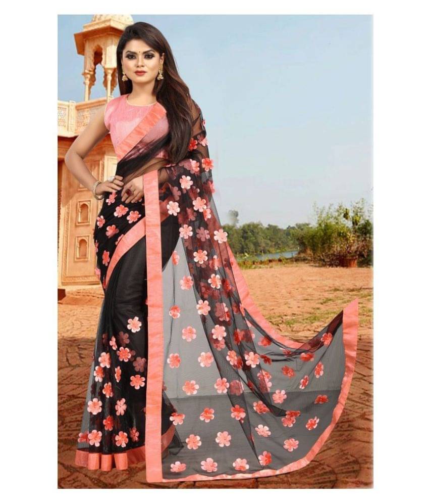Gazal Fashions Net Applique Saree With Unstitched Blouse Piece ( Black ) Gazal Fashions Net Applique Saree With Unstitched Blouse Piece ( Black )