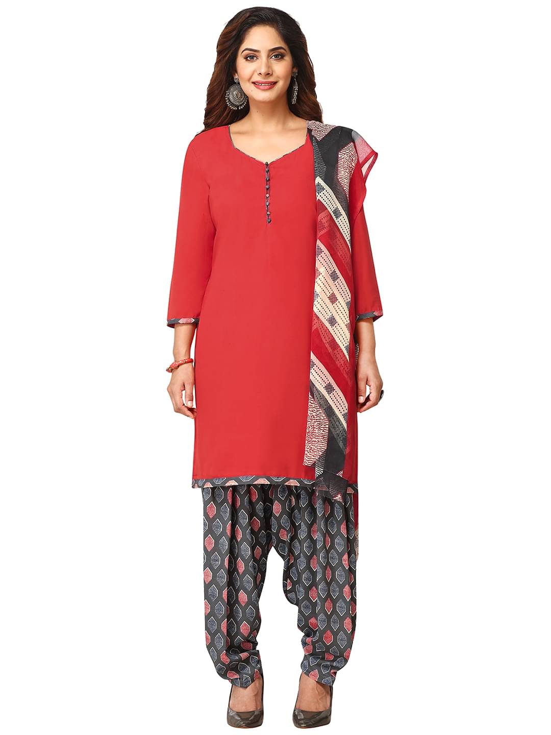 Jevi Prints Red Crepe Unstitched Dress Material Jevi Prints Red Crepe Unstitched Dress Material