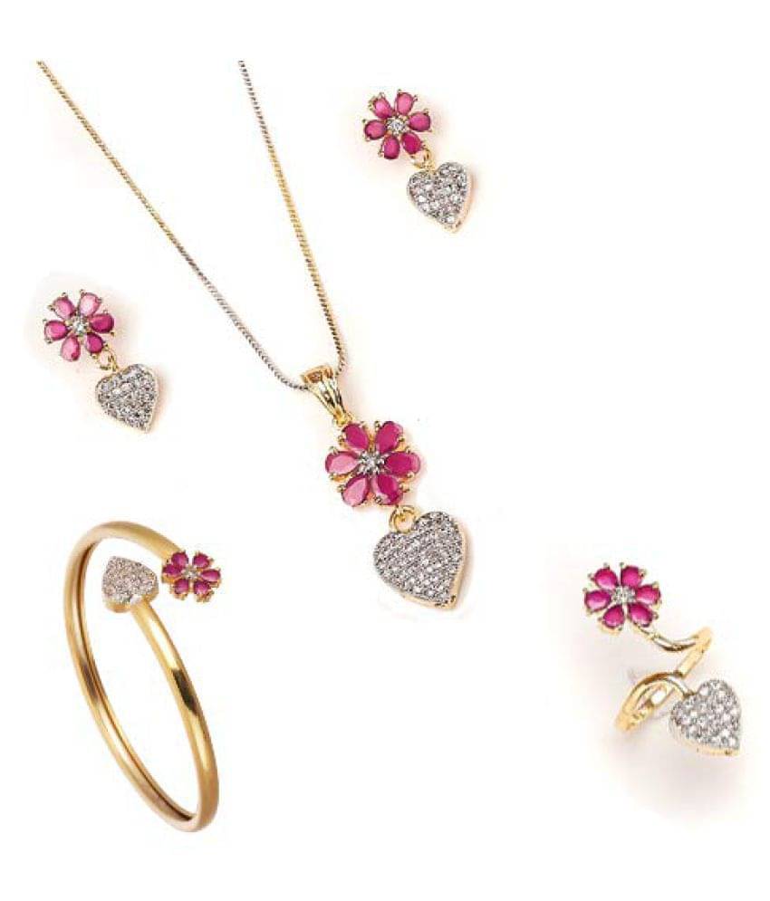     			Ladymania Maroon Studded Floral Design Ameican Diamond Heart Shape  Combo Set