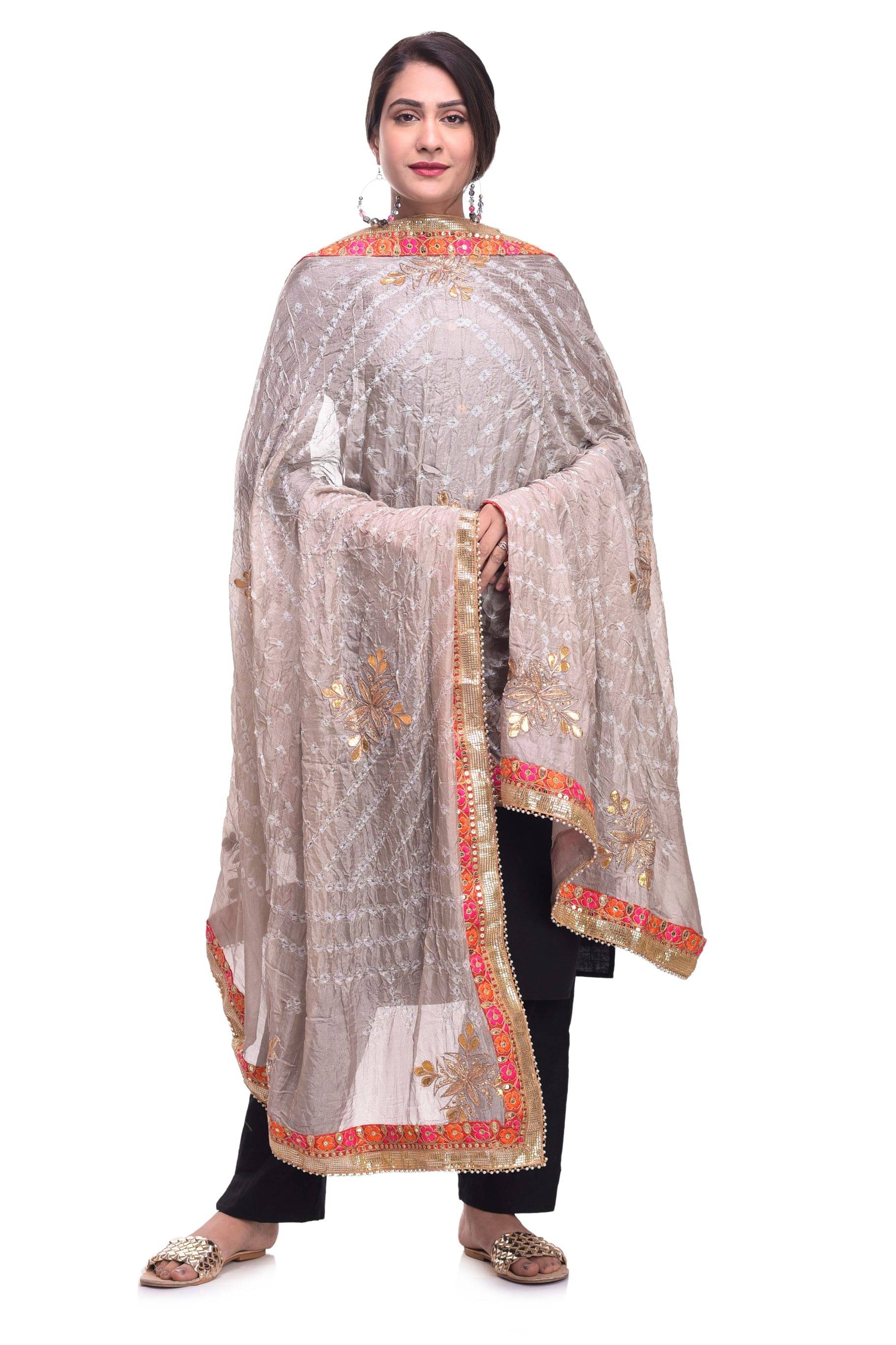     			Raj Grey Art Silk Bandhej Dupatta