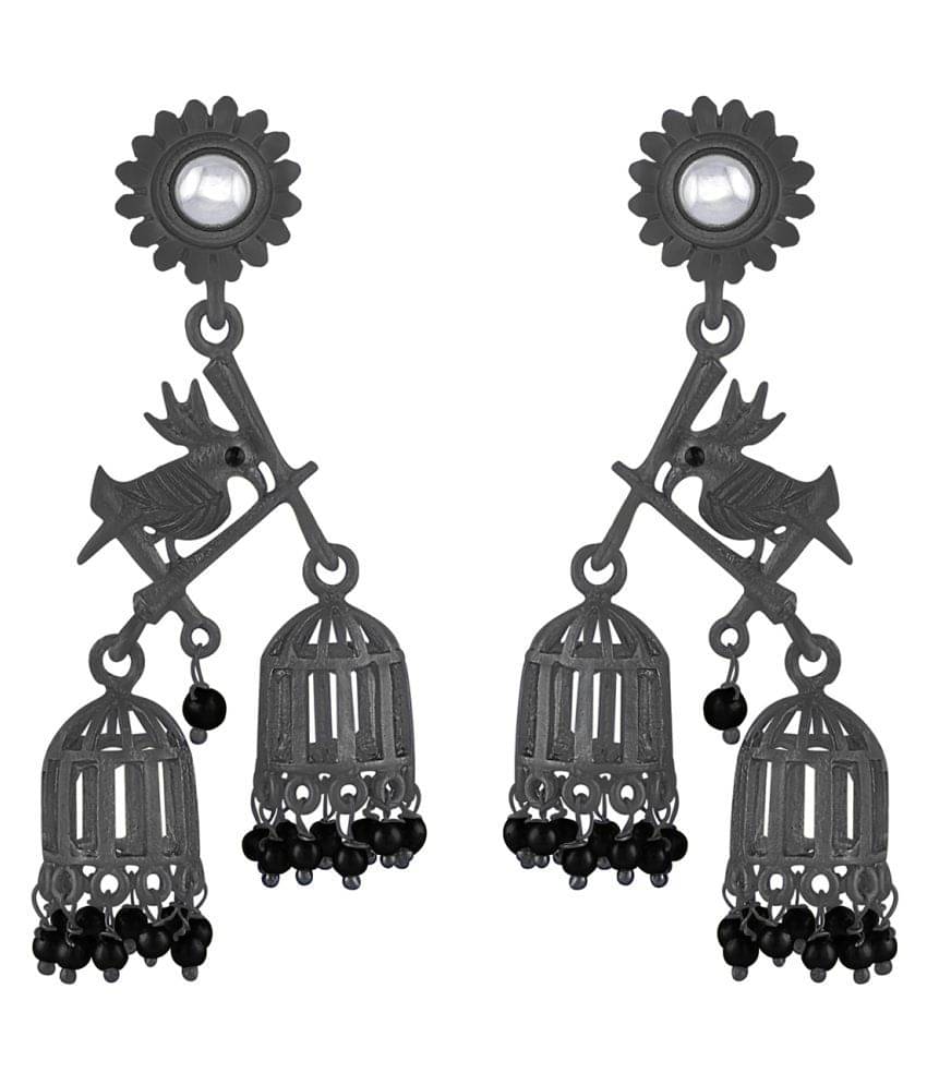     			Spargz Bird Alloy Silver Oxidise Plated Color Stone & Pearl Dangle Earring For Women TER_300