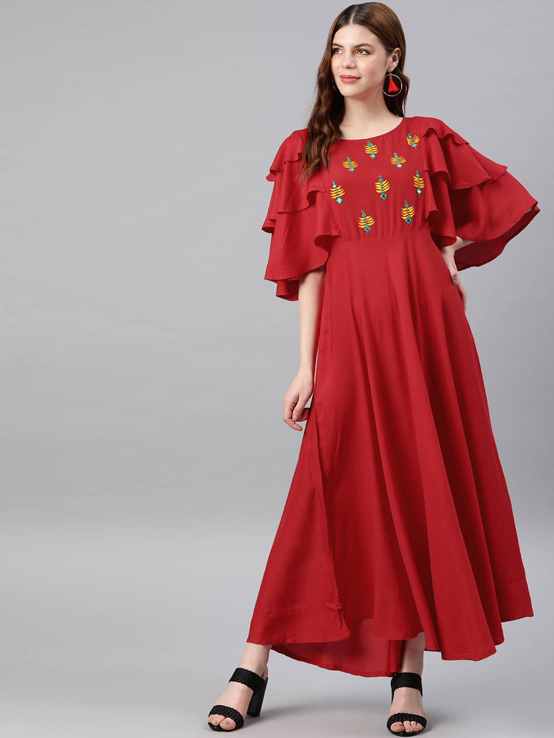 Yash Gallery Pack of 1 Rayon Embroidered Flared Women's Kurti - ( Red )     			Yash Gallery Pack of 1 Rayon Embroidered Flared Women's Kurti - ( Red )