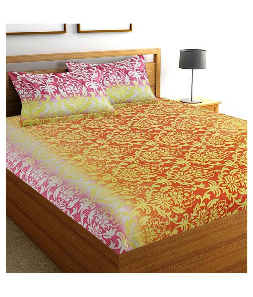     			Home Candy Cotton Ethnic Double Bedsheet with 2 Pillow Covers - Orange