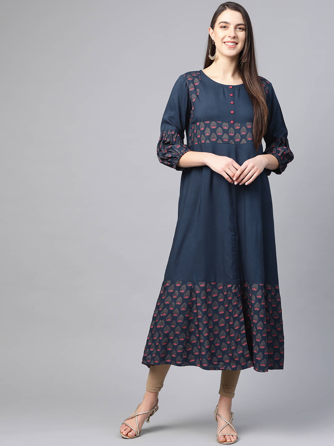     			Yash Gallery Pack of 1 Rayon Printed Flared Women's Kurti - ( Blue )