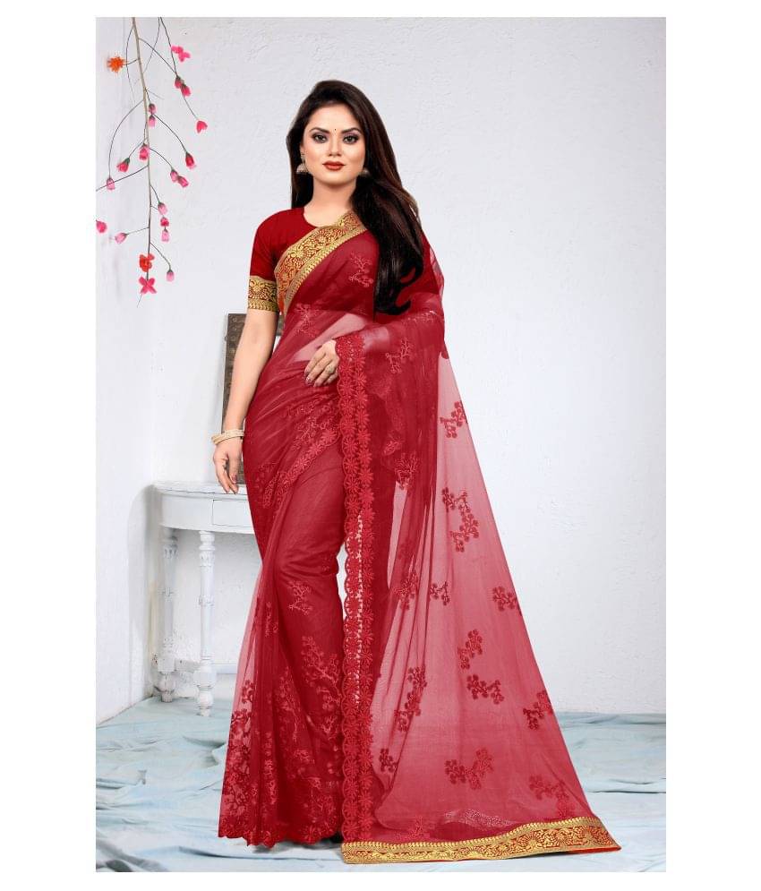 ANJANEYA SAREE Net Saree With Unstitched Blouse Piece ( Red ) ANJANEYA SAREE Net Saree With Unstitched Blouse Piece ( Red )