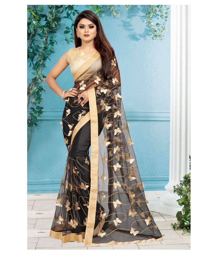 Gazal Fashions Net Applique Saree With Unstitched Blouse Piece ( Black ) Gazal Fashions Net Applique Saree With Unstitched Blouse Piece ( Black )