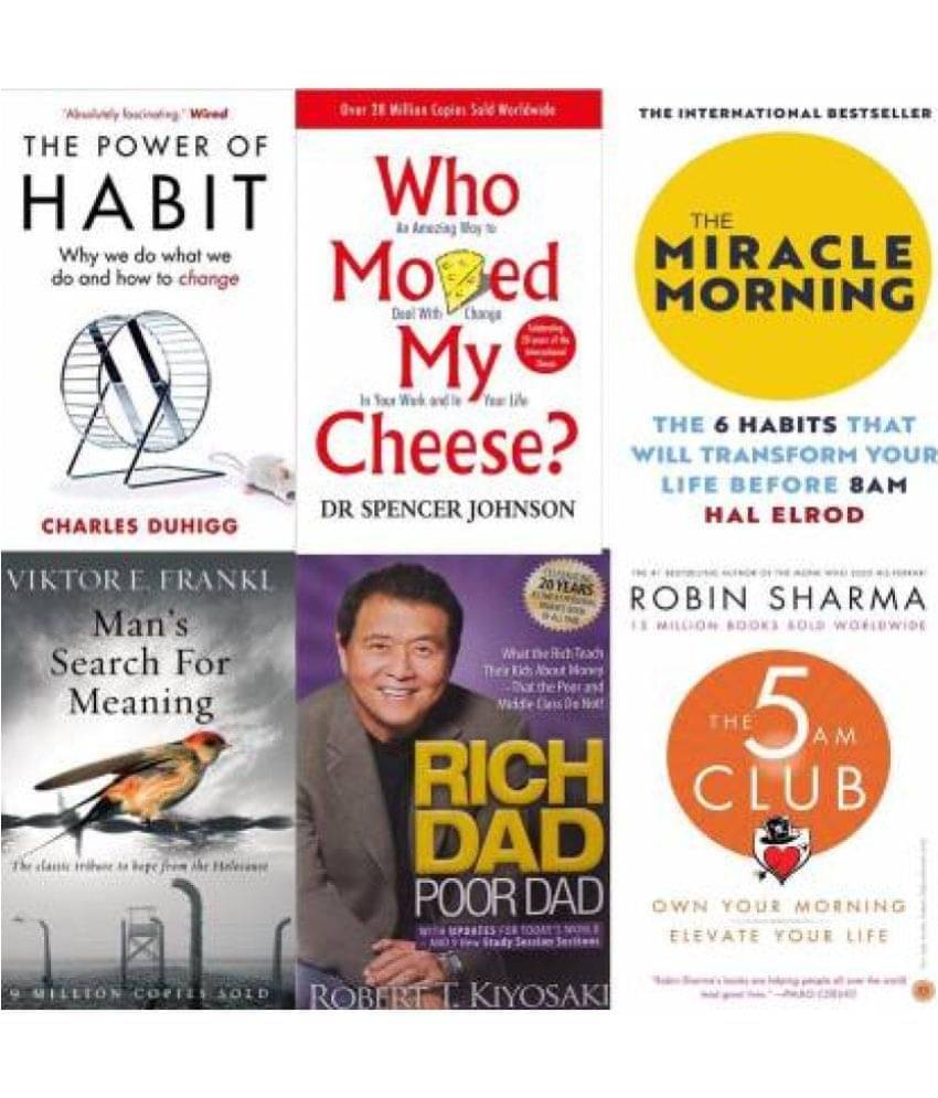 Combo Of 6 Books (Paperback (rich dad poor dad )+(the power of habits) +(miracle morning)+(who moved my cheese) +(the 5 am club )+ men search for meaning Combo Of 6 Books (Paperback (rich dad poor dad )+(the power of habits) +(miracle morning)+(who moved my cheese) +(the 5 am club )+ men search for meaning