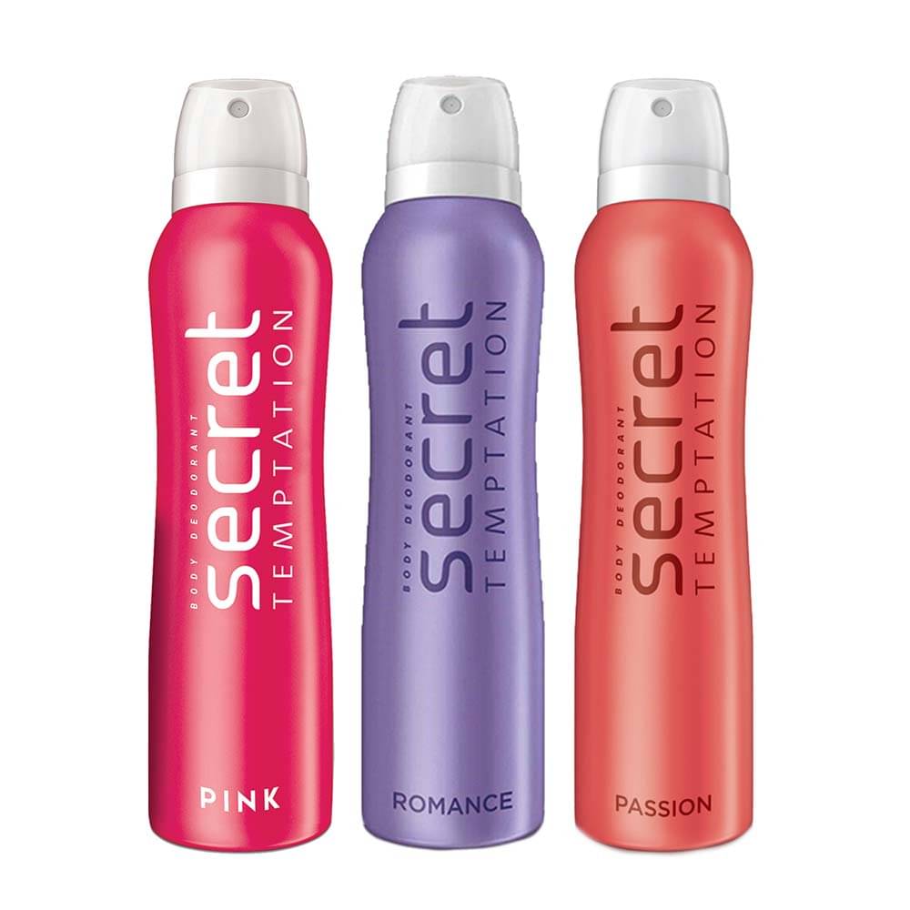 secret temptation Romance, Passion and Pink Deodorant Combo Deodorant Spray - For Women (450 ml, Pack of 3)     			secret temptation Romance, Passion and Pink Deodorant Combo Deodorant Spray - For Women (450 ml, Pack of 3)