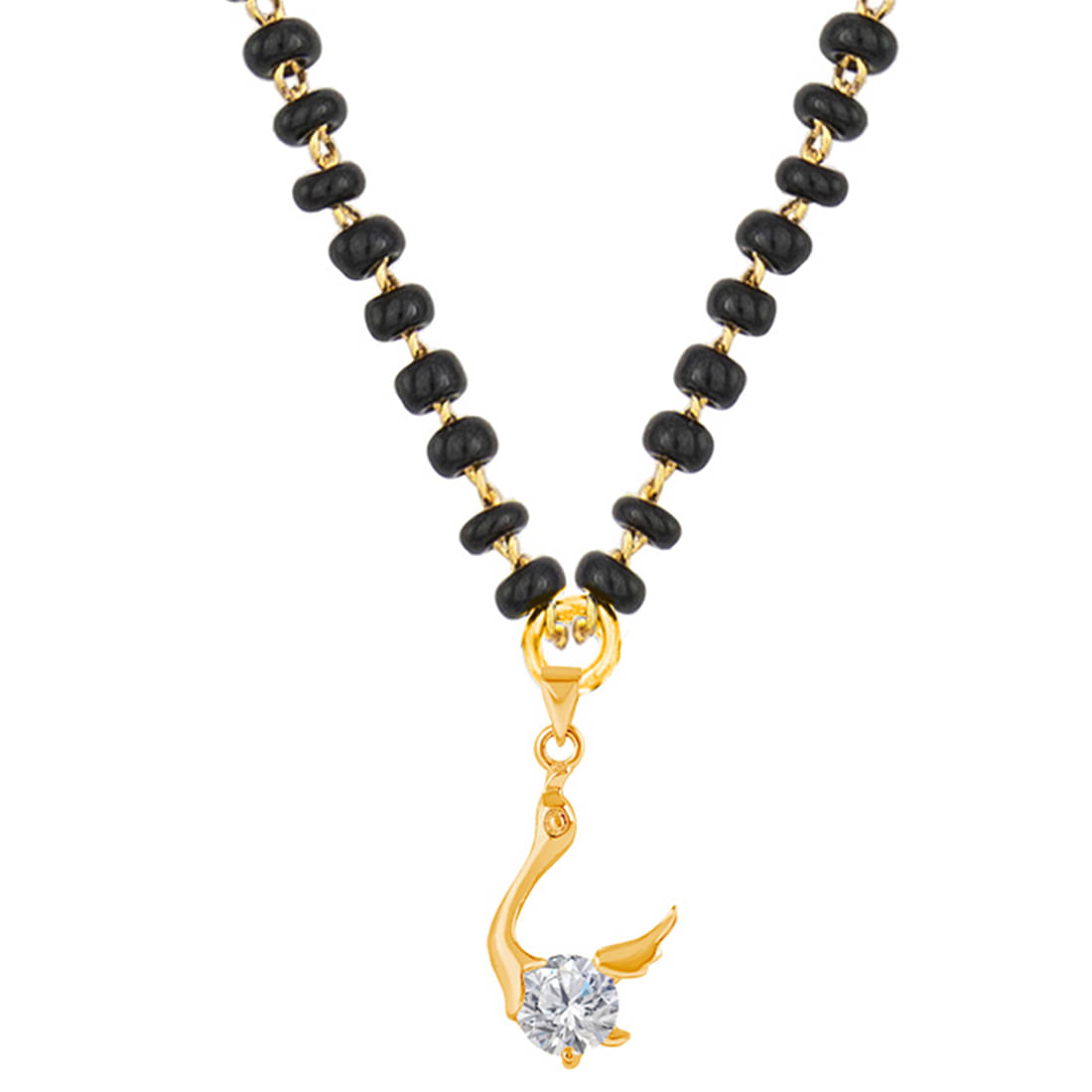 Fashionable Mangalsutra Gold Plated Cubic Zircon Swan Pendant With Black Beaded Golden Chain     			Fashionable Mangalsutra Gold Plated Cubic Zircon Swan Pendant With Black Beaded Golden Chain