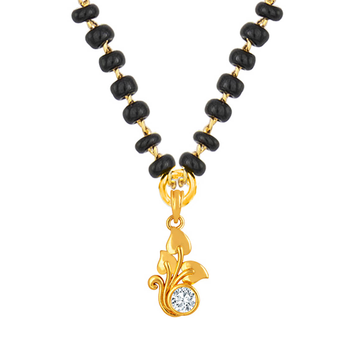 Fashionable Mangalsutra Gold Plated Cubic Zircon Leafy Solitaire Pendant With Black Beaded Golden Chain Fashionable Mangalsutra Gold Plated Cubic Zircon Leafy Solitaire Pendant With Black Beaded Golden Chain