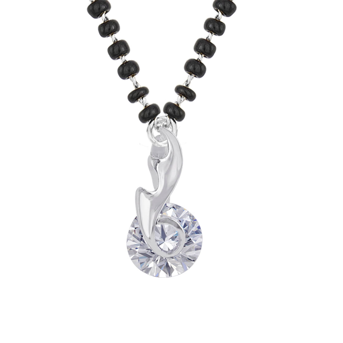 Fashionable Mangalsutra Silver Plated Cubic Zircon Curve Leaf Solitaire Pendant and Black Beaded Chain     			Fashionable Mangalsutra Silver Plated Cubic Zircon Curve Leaf Solitaire Pendant and Black Beaded Chain