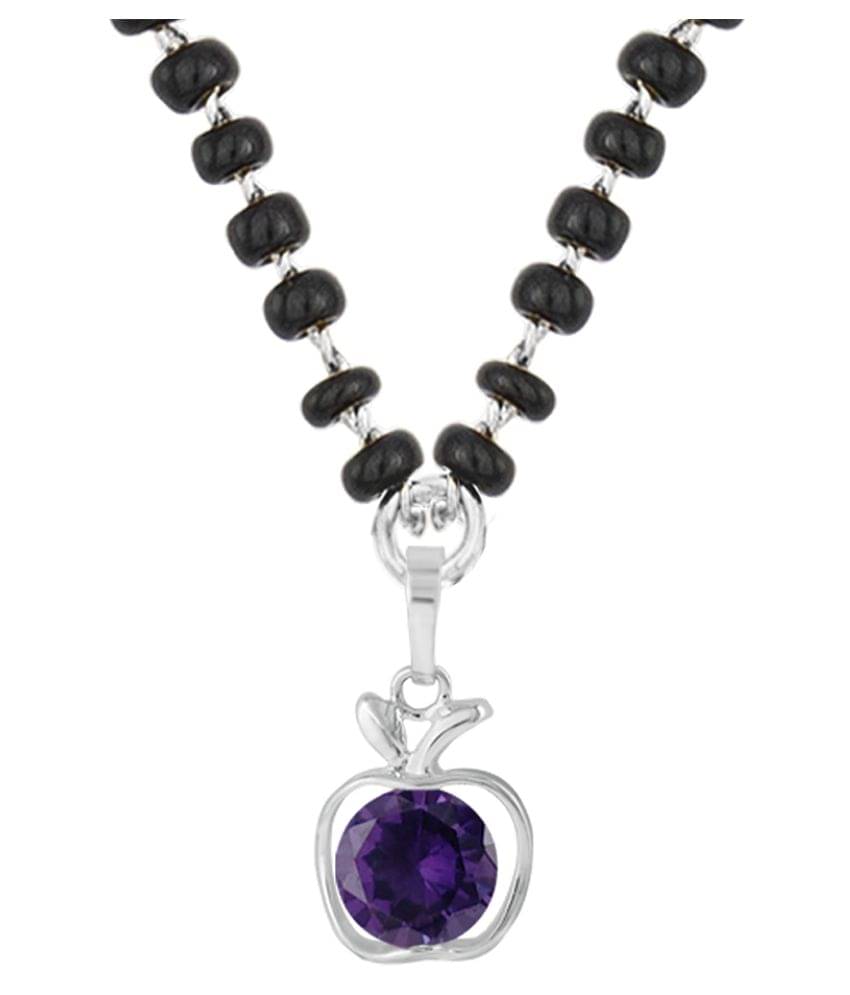 Fashionable Mangalsutra Silver Plated Cubic Zircon Purple Solitaire Pendant and Black Beaded Chain     			Fashionable Mangalsutra Silver Plated Cubic Zircon Purple Solitaire Pendant and Black Beaded Chain